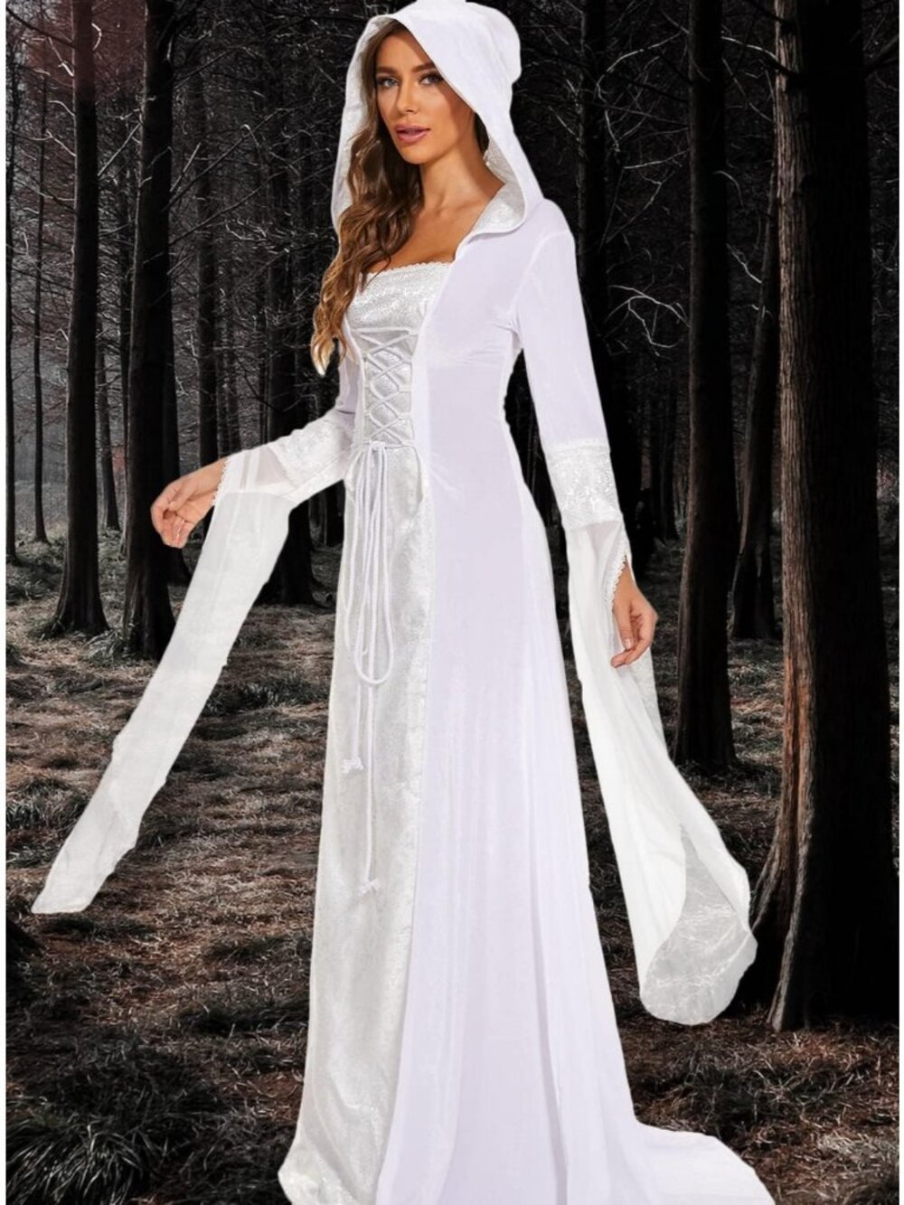 Women's White Vintage Embroidered Gown Halloween Medieval Deluxe Witch Hooded - Picture 5 of 7